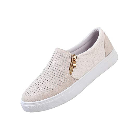 Women's Casual Flat Slip-On Round Toe Walking Shoes Fashion Comfortable Loafers Rhinestone Zipper Sneakers White