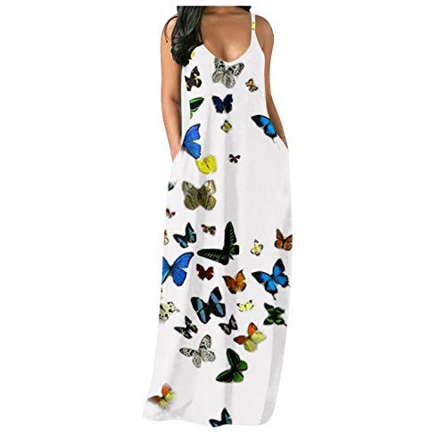 Women Butterfly Printing Sleeveless Long Dress Casual Loose Off Shoulder Sundress Beach Maxi Dress Pocket White