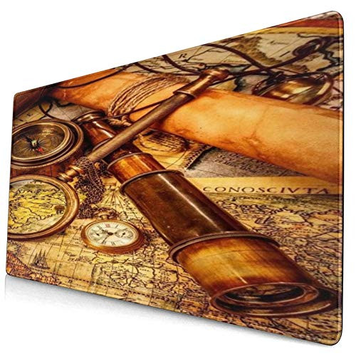 CANCAKA Large Gaming Mouse Pad?Vintage Style Picture-Yellowed Nautical Chart-Telescope-Compass?Non-Slip Rubber Mouse Pads Mousepad for Gaming Computer Office Desk-75x40x0.3cm