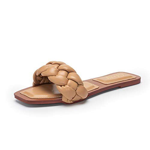 Womens Square Open Toe Flat Sandals Braided Strap Slide Sandals Slip On Slides Camel 38 Womens Square Open Toe Flat Sandals Braided Strap Slide Sandals Slip On Slides Camel 38
