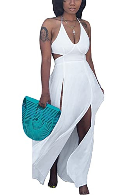 Vaceky Women's Spaghetti Strap V Neck Split Loose Dress Sexy Hollow Out Backless Cami Maxi Dresses White Vaceky Women's Spaghetti Strap V Neck Split Loose Dress Sexy Hollow Out Backless Cami Maxi Dresses White
