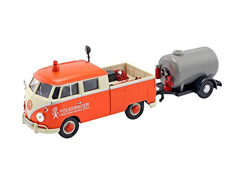 Volkswagen Type 2 -T1- Pickup Truck Orange and Cream with Oil Trailer Road Service 1/24 Diecast Model Car by Motormax 79674