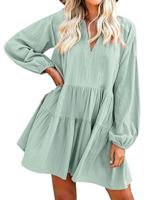 FANCYINN Long Sleeve Shift Tunic Dress Ruffle Swing Babydoll Juniors Mini Tiered Dress with Pockets Light Green S