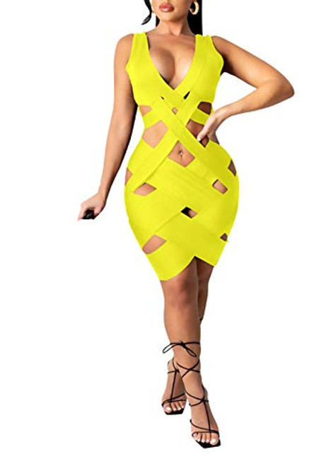 HuiSiFang Womens Sexy Summer V Neck Sleeveless Solid Color Hollow Out Cut-Out Bandage Bodycon Clubwear Mini Dress Yellow HuiSiFang Womens Sexy Summer V Neck Sleeveless Solid Color Hollow Out Cut-Out Bandage Bodycon Clubwear Mini Dress Yellow
