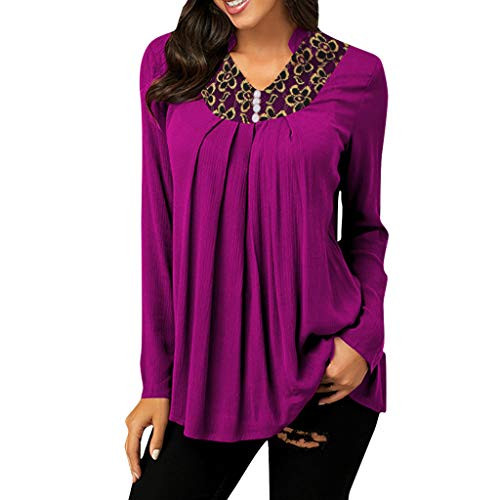 COOKI Women's Shirts Casual Long Sleeve Loose Autumn Blouse V-Neck Plus Size Lace Solid Button Tunic Tops T-Shirt for Women Purple