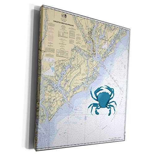 3dRose Florene - Nautical Map Decor - Print of Charleston Harbor Chart With Blue Crab - Museum Grade Canvas Wrap -cw_204863_1-