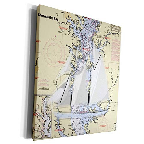 3dRose Florene - Nautical Map Decor - Print of Chart With Sailboat And Chesapeake Bay - Museum Grade Canvas Wrap -cw_204864_1-