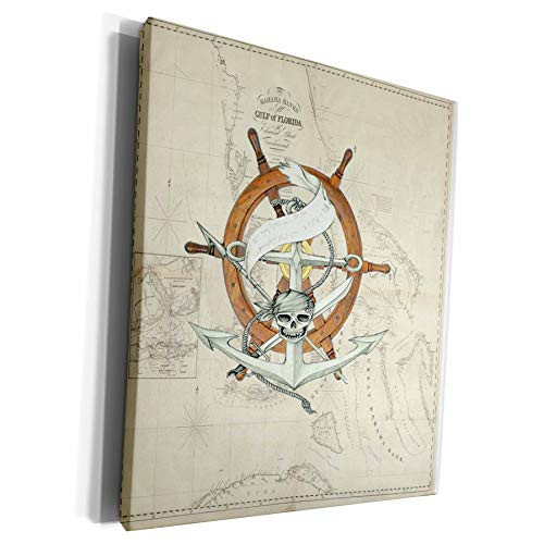 3dRose Florene - Nautical Map Decor - Print of Vintage Florida Chart With Pirate Wheel - Museum Grade Canvas Wrap -cw_204870_1-