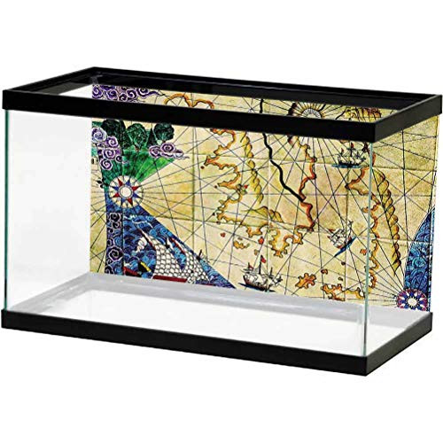 Compass Decor Collection Aquarium Background Picture Old Nautical Chart Ancient Map with Historical Territories Geographical Illustration Decals Poster Beige Navy L36 X H20 Inch