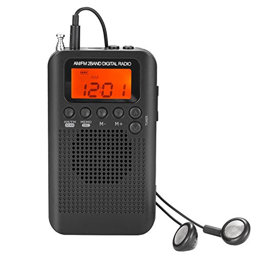 AM FM Pocket Radio with Earphones Mini Portable Alarm Clock Radio Digital Tuning AM/FM Stereo Personal Receiver Battery Operated for Walking/Running-Black