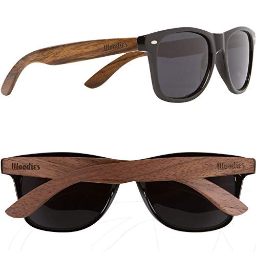 WOODIES Polarized Walnut Wood Sunglasses for Men and Women | Black Polarized Lenses and Real Wooden Frame | 100 percent UVA/UVB Ray Protection