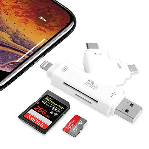 E-thinker Memory SD Card Reader 4 in 1 Game Camera Card Viewer-Trail Hunter View Hunting Photos and Videos or for Trail Camera Viewer on Smartphone for iPad Mac&Android,SD & Micro SD?White?