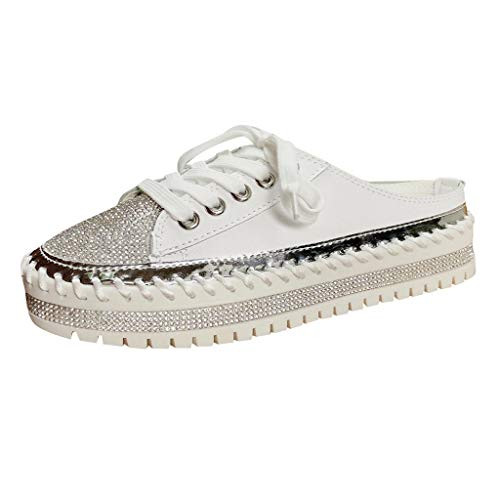 RQWEIN Women's Mule Loafer Flat Fashion Sneakers Perforated Slip on Flats Comfortable Walking Casual Shoes Slip On Sneakers Loafer Shoes?White-8.5