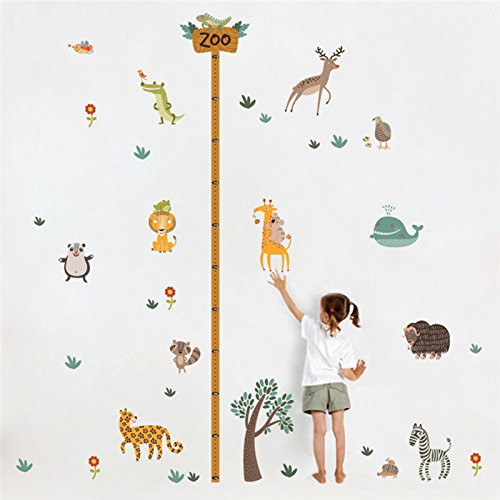 Jungle Wild Forest Zoo Animals Tree Height Measure Wall Stickers for Kids Room Safari Growth Chart Poster Monkey Lion Wall Decal