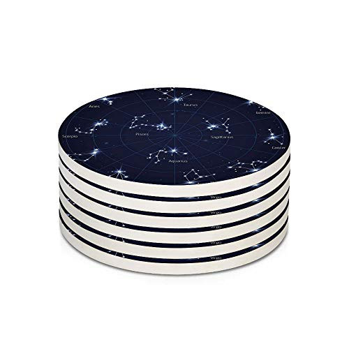 Constellation 6 Pieces Ceramic Drink Coasters-Sky Star Map with Geometric Circle Space Night Horoscopes Chart Dark Absorbent Stone Coaster Set-Housewarming Gift for Home Decor-Dark Blue White