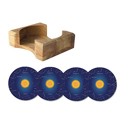 Astrology Absorbent Coasters in Wooden Holder-Celestial Star Chart Constellation around Sun on the Sky Aries Decorative Ceramic Drink Coasters Set of 4-Suitable for Kinds of Cups-Dark Blue Orange