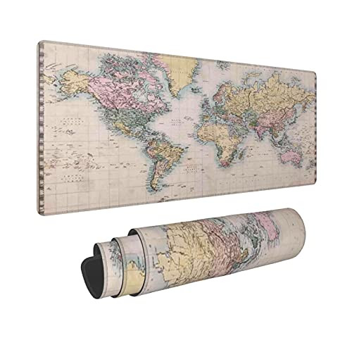 Extended Gaming Mouse Pad Non-Slip Rubber Base-World Map Original Old Hand Colored Map of The World Anthique Chart F-Desk Mat with Stitched Edges for Office and Home Computer Laptop-29.5inch x 15.8inch-XL