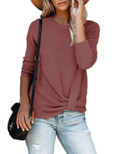 Umeko Womens Long Sleeve Waffle Knit Tops Casual Twist Knot Fall Blouse Tunic Shirts Sweater Brick Red