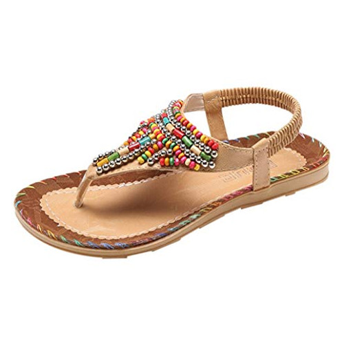 Nevera Bohemian Beaded Sandals for Women Summer Flat Sandals Slip On Flip Flops Thong Beach Shoes Khaki