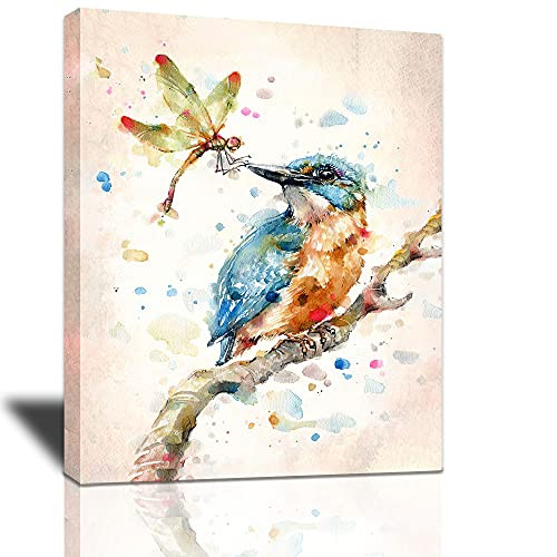 Abstract Dragonfly Canvas Print Wall Art- Colorful Bird On A Tree Branch Painting Picture Print- Modern Watercolor Insect Artwork Home Decor Framed For Bathroom Living Room Bedroom Office 12inchX16inch