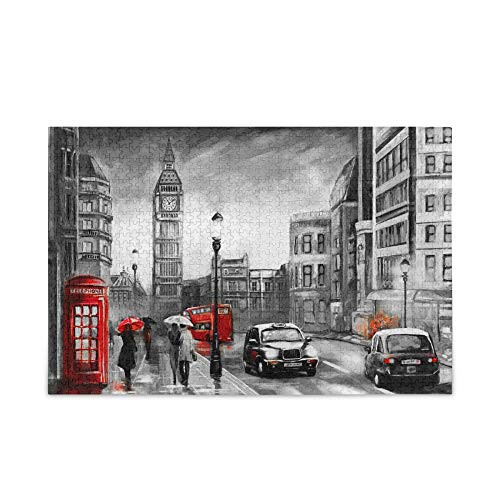 Jigsaw Puzzle 500 Piece London Street Big Ben Couple and Red Umbrella Bus Wooden Puzzle for Adults Teens Kids