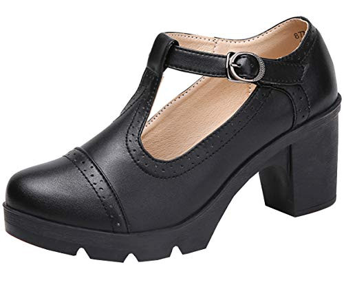 DADAWEN Women's Leather Classic T-Strap Platform Chunky Mid-Heel Square Toe Oxfords Dress Pump Shoes Black US Size 6