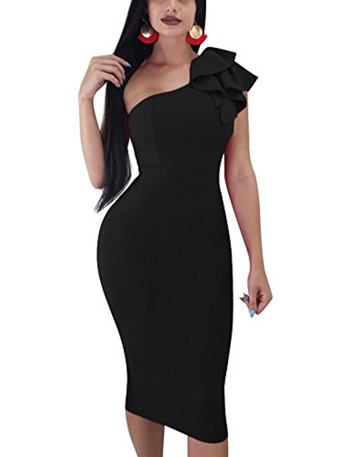 Mokoru Women's Sexy Ruffle One Shoulder Sleeveless Bodycon Party Club Midi Dress- Large- Black