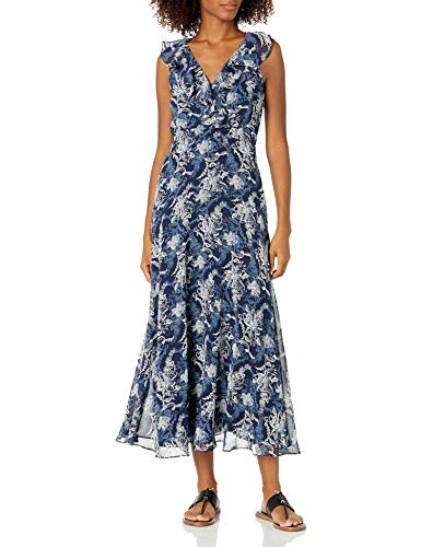 Ronni Nicole Women's Sleevless Ruffle Neck Printed Maxi- Navy/White- 10
