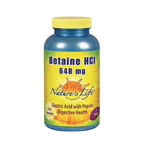 Nature's Life Betaine HCL Supplement 648 mg | Digestion Support Formula | Non-GMO | 250 Gelatin Caps