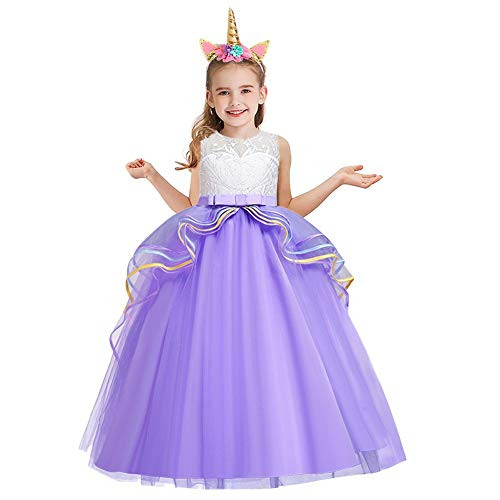 FMYFWY Unicorn Costume for Girls Birthday Party Bowknot Dress Halloween Christmas Sleeveless Long Tulle Ball Gown w/Headband Purple 12-13T