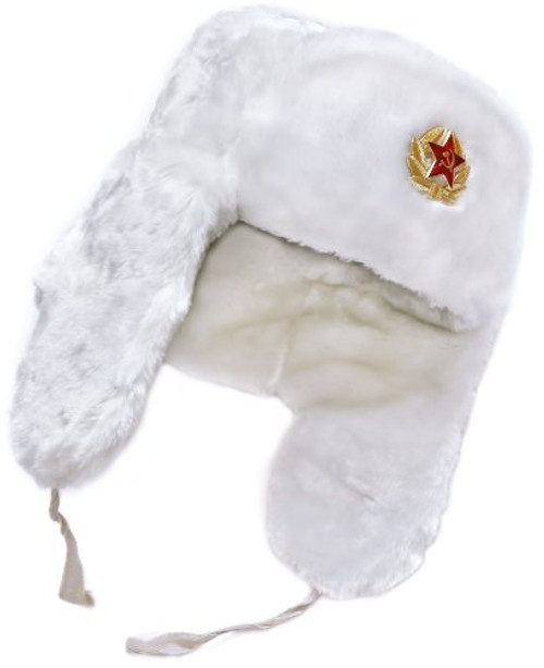 White Winter Hat with Earflaps- Russian Ushanka. Size 57- with Soviet Red Star Insignia