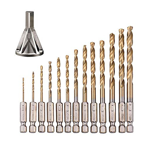 Breynet Deburring External Chamfer Tool Stainless Steel Remove Burr Tool, 13pcs Twist Drill Bit Set, Hex Shank High Speed Steel Quick Change Twist Drill Bit 1.5mm - 6.5mm for Steel Wood Plastic