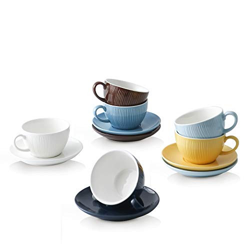 KOOV Latte Cup and Saucer Set of 6- 10 oz Porcelain Cappuccino Cups- Latte Art Cup and Saucer- For Latte- Cafe Mocha- Coffee Shop and Barista -Rainbow-