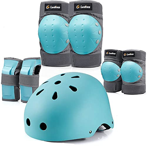 LEDIVO Kids Bike Helmet- Youth Toddler Helmets Adjustable for 8-14 Years Boys Girls- Knee Pads Elbow Pads Wrist Guards Kids Protective Gear Set for Skateboard- Bike- Roller Skating- Cycling- Scooter