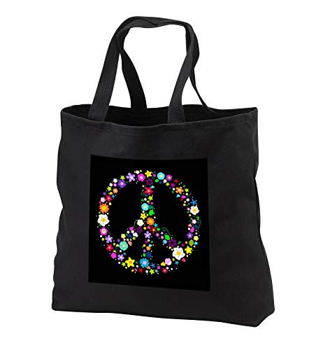 3dRose InspirationzStore Peace Signs - Floral Peace Symbol - Flowery hippy or hippie sign - flower power - colorful flowers - on black - Black Tote Bag JUMBO 20w x 15h x 5d -tb_58312_3-