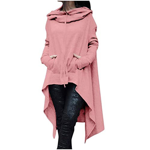 Aunimeifly Women Plus Size Long Sleeve Hood Tops Solid Sweatshirt Sweater Irregular Blouse Pink