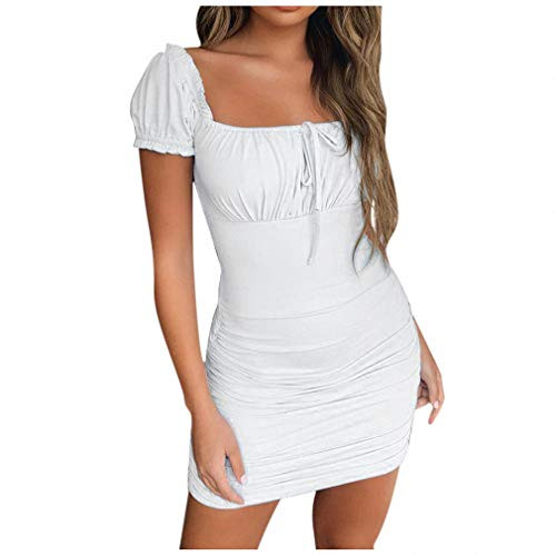Hiuwa Sexy Mini Dress Summer Dress Women Solid Square Collar Short Puff Sleeve Lace Up Ruched Bodycon Dress White M Hiuwa Sexy Mini Dress Summer Dress Women Solid Square Collar Short Puff Sleeve Lace Up Ruched Bodycon Dress White M