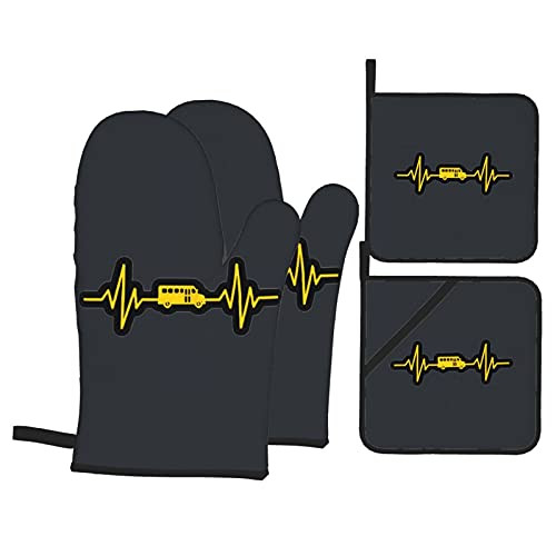 Chool Bus Driver Love School Bus Heartbeat Oven Mitts and Pot Holders Sets Durable Pot Holders Heat Resistant Advanced Heat Resistance for Kitchen