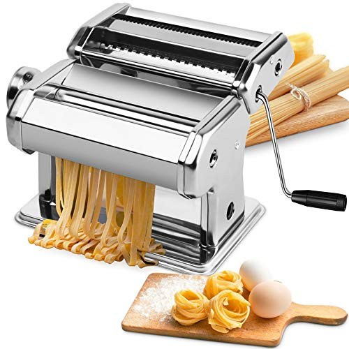 Pasta Machine- EZSOZO Pasta Maker Stainless Steel Manual Pasta Maker Machine with 8 Adjustable Thickness Settings- 2 Noodle Cutter- Suit for Homemade Spaghetti- Fettuccini- Lasagna- or Dumpling Skins