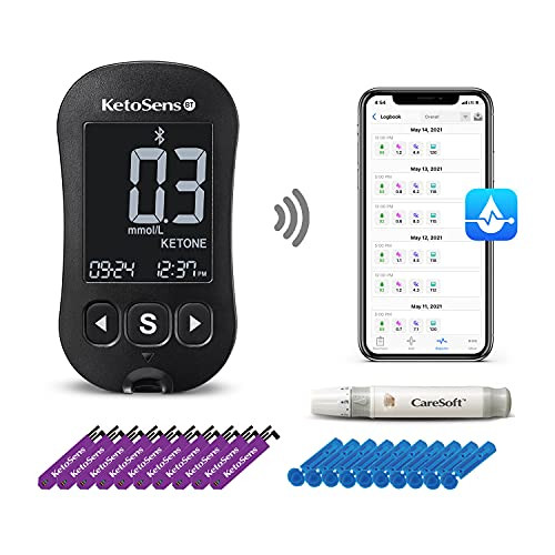KetoSens Blood Ketone Monitoring Starter Kit with Bluetooth - Ideal for Keto Diet. Includes Meter- 10 Ketone Test Strips- 1 Lancing Device- 10 Lancets  and  Travel Case
