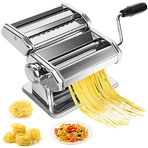 Pasta Maker- Stainless Manual Pasta Machine with 2 Pasta Cutters Prefect for Homemade Spaghetti and Fettuccini- Lasagna- Dumpling Skins -Silver-