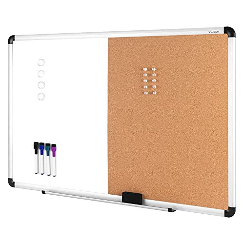 VUSIGN Combination Magnetic Whiteboard  and  Corkboard- 24inch x 36inch- Wall Mounted Notice Bulletin Board Dry Erase/Cork Board Combination with Aluminum Frame