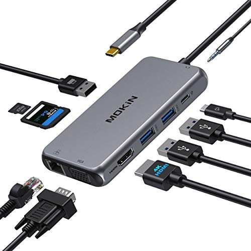 USB C Hub- 10 in 1 Type C Multiport Adapter- USB C Dongle with 4KA30Hz HDMI- Ethernet- VGA- 3 USB 3.0- SD/TF Card Reader- Mic/Audio- USB-C PD 3.0 for MacBook Air Pro and More Type C Laptops