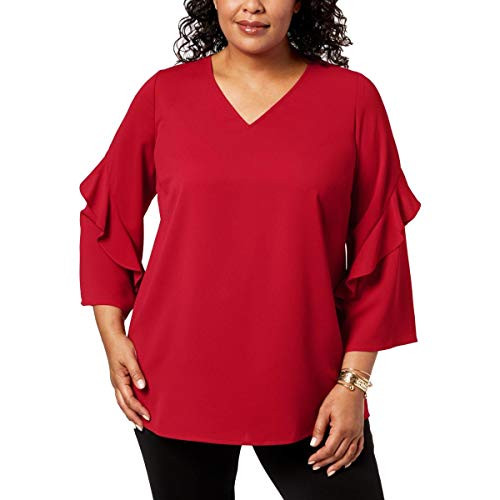Alfani Womens Plus Ruffle Sleeves Wide Neck Blouse Red 0X