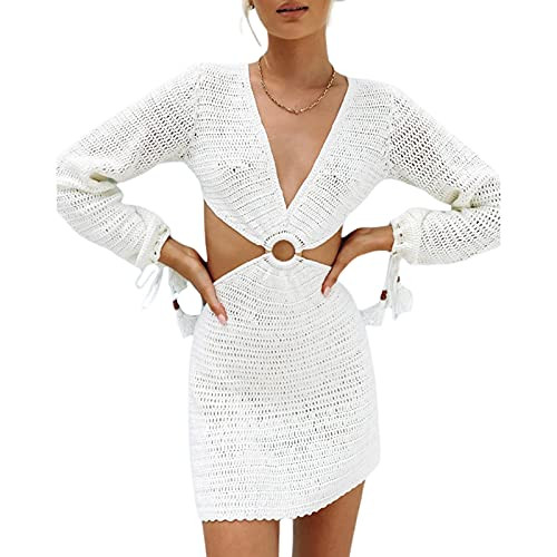 KOSUSANILL Women Sexy Knitted Dresses Cutout Bodycon Maxi Dress Spaghetti Strap Halter Neck Backless Dress Y2K Streetwear D White