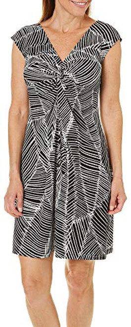 London Times Women's Petites Cap Sleeve Faux Knot Front FIT and Flare Dress- Black/White- 12P