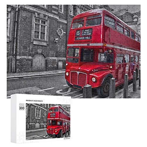 Aleonun Adults 300 Piece Jigsaw Puzzle London Red Vintage Bus Wooden Puzzle Large Puzzle Game Gift Artworks Paintings