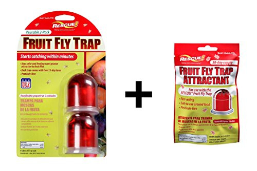 Rescue Bundle Pack Reusable Fruit Fly Trap, 2-Pack with Non-Toxic Fruit Fly Trap Refill
