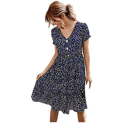 FORUU Casual Summer Dress for Women-2020 New Sexy Dot Mini Dress V-Neck Fashion Floral Sleeveless Button Casual Sundress Stylish Holiday Dress Women Beach Dress for Party Evening Club Best Gift