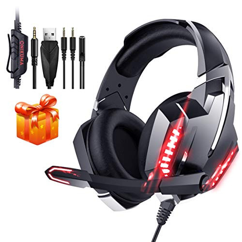 Gaming Headset PS4 Headset Compatible for Xbox One-Nintendo Switch-K18 Stereo Noise Cancelling Headphone with Mic  and  LED Light-Memory Earmuffs Gaming Headphone for PC-MAC-with Free Headset Hook -Red-